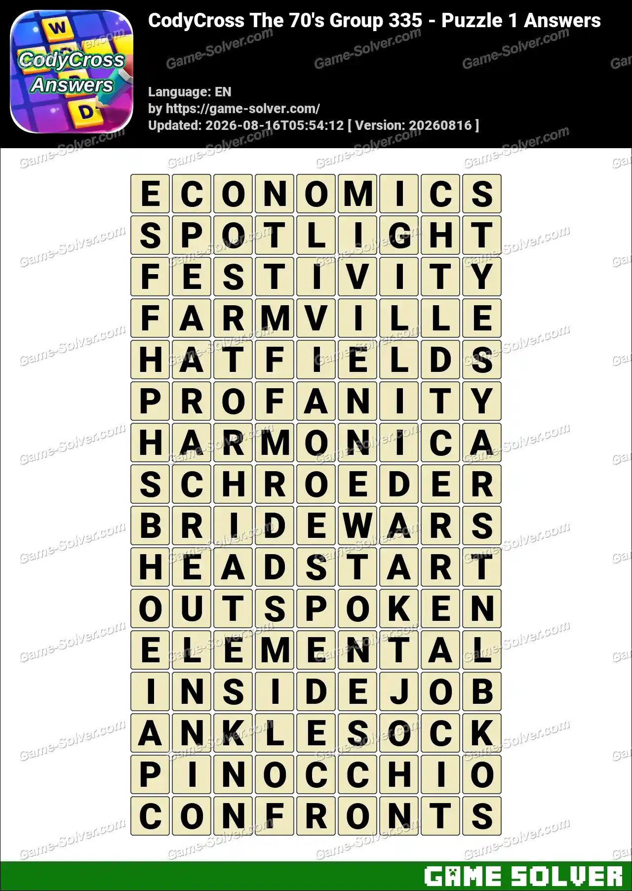 CodyCross The 70’s Group 335 – Puzzle 1 Answers